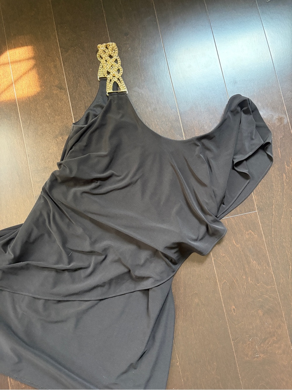 Betsy & Adam Black One-Shoulder Dress with Gold Embellished Strap